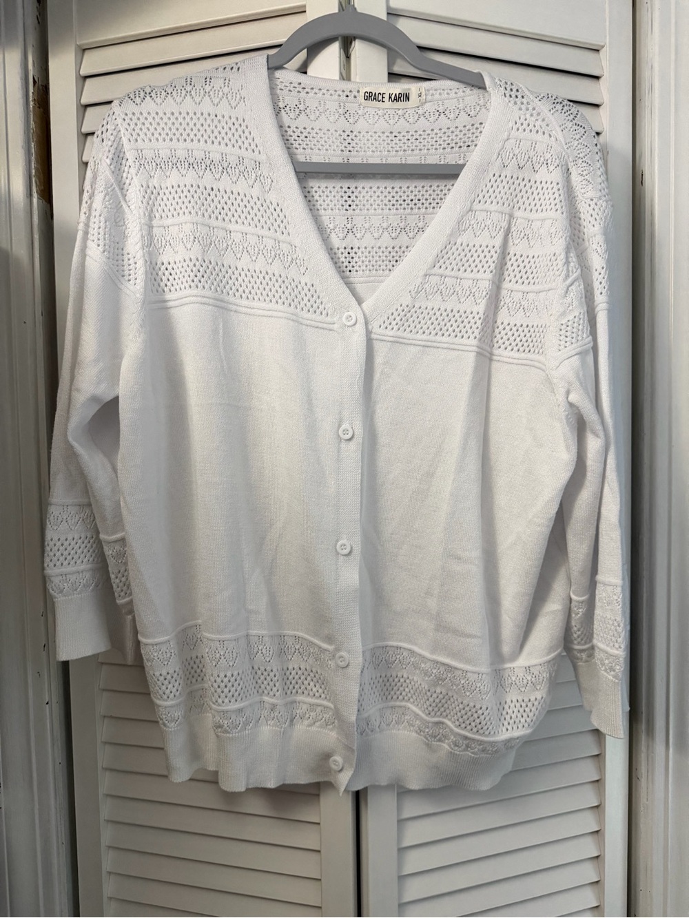 Grace Karin White Openwork V-Neck Button-Front Cardigan